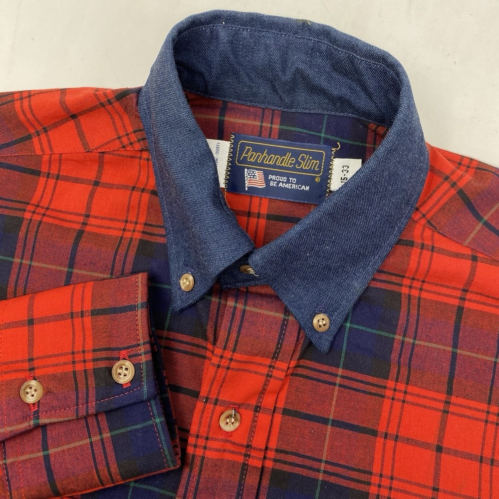 Panhandle Slim Western Shirt Men 15-33 Red Plaid Denim Collar Made in USA DH3172